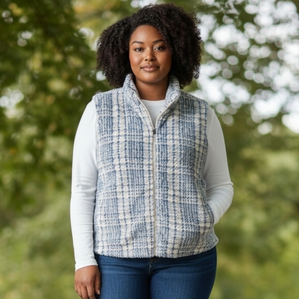 Katydid Women's Plaid Vest in Blue and Cream